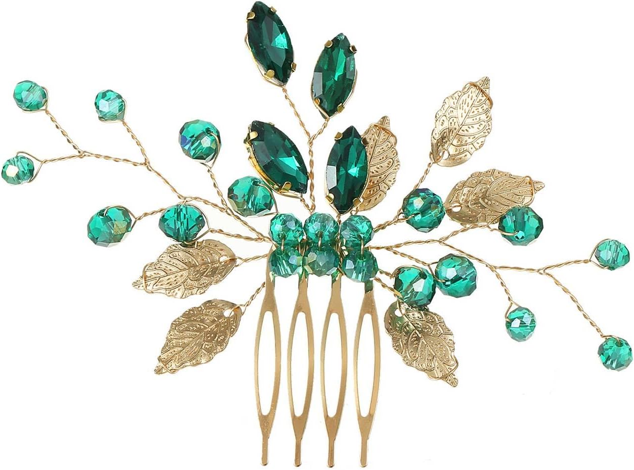 Wedding Hair Comb, Golden Leaves, Emerald Crystal