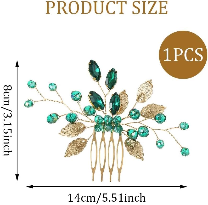 Wedding Hair Comb, Golden Leaves, Emerald Crystal