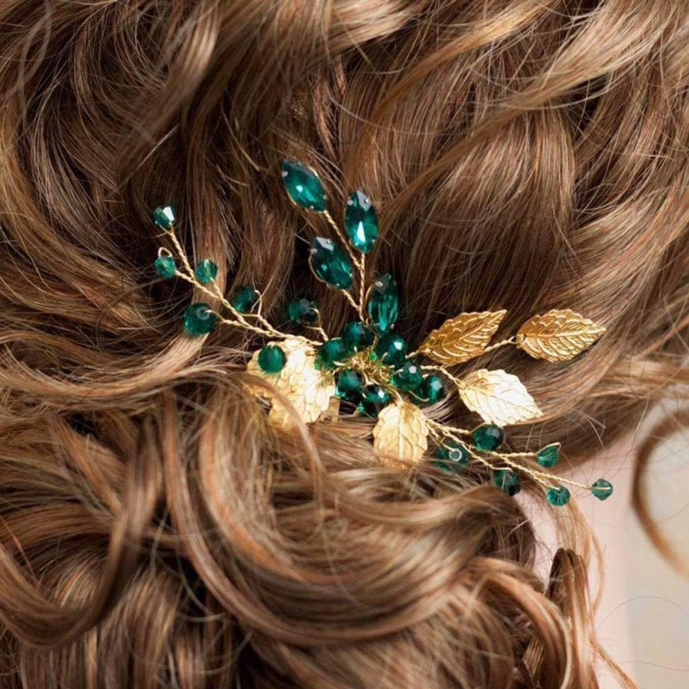 Wedding Hair Comb, Golden Leaves, Emerald Crystal